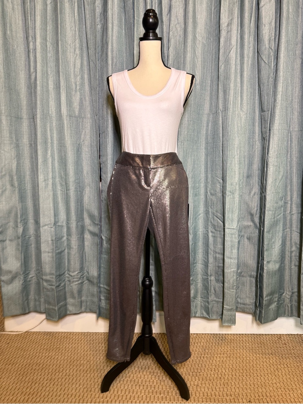 Metallic Straight-Leg Pants in Shimmering Gray
